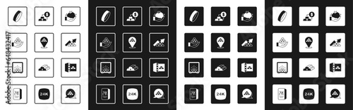 Set Gold nugget, bars, in hand, ring, Growth arrow with gold, exchange money, Safe and icon. Vector