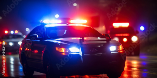 Midnight Chase: Police Car Cutting Through Dense Fog - Blurred Background