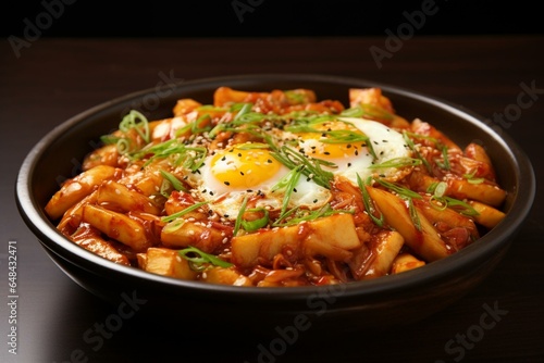 A flavorful Korean dish with tteokbokki, egg, garlic, and seasoning. Generative AI