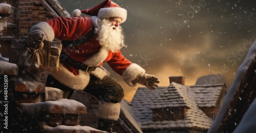Fotótapéta Santa Claus in action, descending a chimney under warm side light