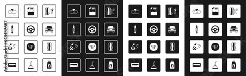 Set Tire pressure gauge, Steering wheel, Shock absorber, Car mirror, Canister for gasoline, tire and Timing belt kit icon. Vector