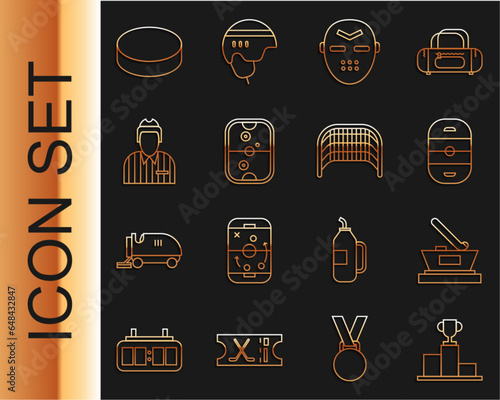 Set line Hockey over sports winner podium, Ice hockey cup champion, rink, mask, Air table, judge, referee, arbiter, puck and goal icon. Vector