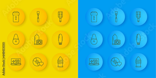 Set line Laptop with 18 plus content, Dildo vibrator, Condom, safe sex, Vagina masturbator, Spanking paddle and Leather whip icon. Vector
