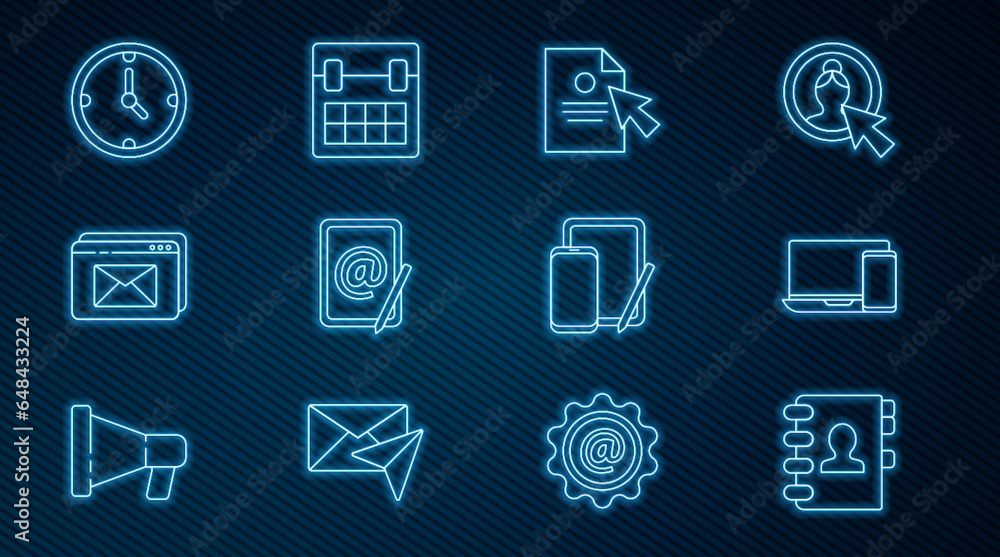 Set line Address book, Monitor and phone, Document cursor, Mail e-mail, Website envelope, Clock, Phone graphic tablet and Calendar icon. Vector