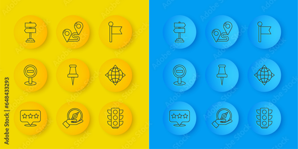 Set line Map pointer with star, Stop sign, Push pin, Traffic light, World globe compass, Road traffic, Location marker and Route location icon. Vector Set line Map pointer with star, Stop sign, Push pin, Traffic light, World globe compass, Road traffic, Location marker and Route location icon. Vector