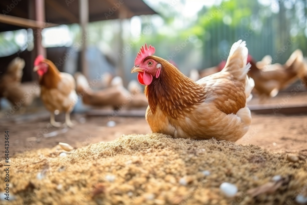 Fototapeta premium chicken eats feed and grain, eco chicken farm