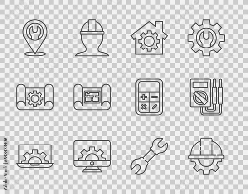 Set line Laptop and gear, Worker safety helmet, House with, Computer monitor, Location wrench spanner, plan, Wrench and Multimeter icon. Vector