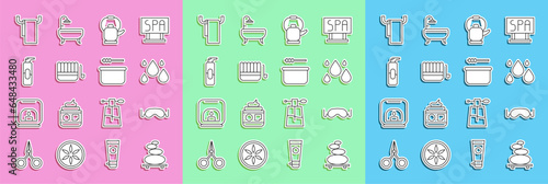 Set line Stack hot stones, Eye sleep mask, Water drop, Kettle with handle, Sauna bucket ladle, Spray can for hairspray, Towel hanger and icon. Vector