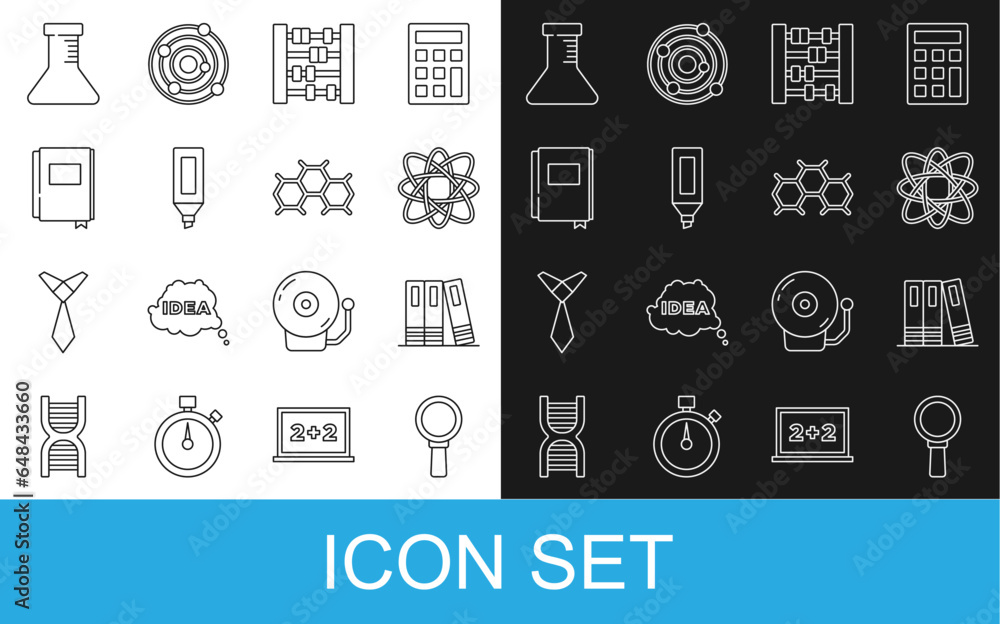 Set line Magnifying glass, Office folders, Atom, Abacus, Marker pen, Book, Test tube and flask and Chemical formula icon. Vector