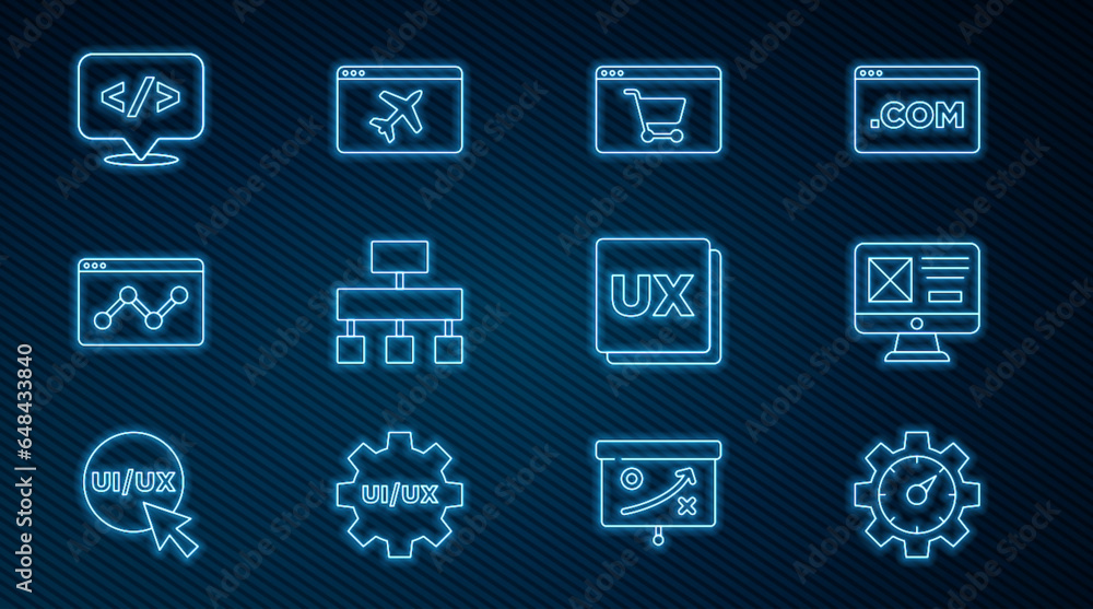 Set line Website statistic, UI or UX design, Online shopping on screen, Site map, Front end development, and template icon. Vector Set line Website statistic, UI or UX design, Online shopping on screen, Site map, Front end development, and template icon. Vector