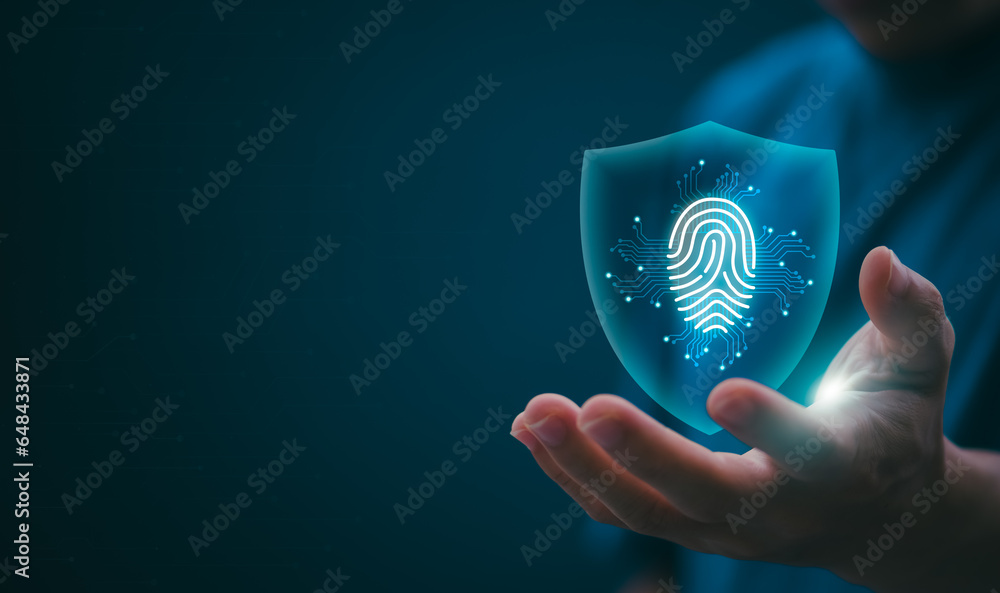 Protection and encryption of fingerprint data with network technology for security. To protect against crimes, hackers, and everyday online attacks, technology, and data security. authentication - obrazy, fototapety, plakaty 