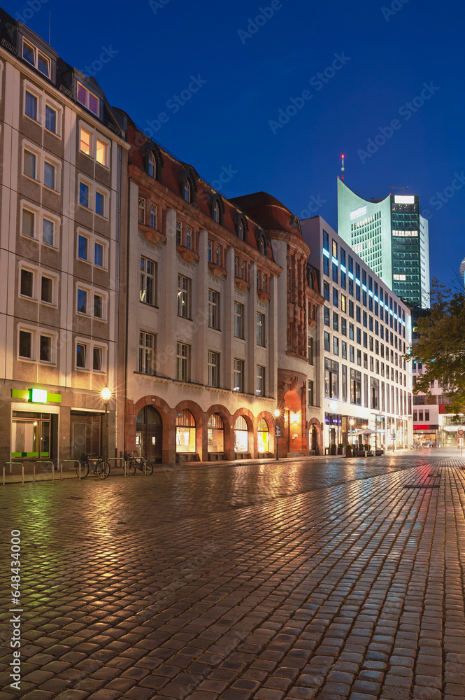 Germany, Deutschland Saxony, Sachsen, Leipzig, a street in the city center, in the background the city skyscraper