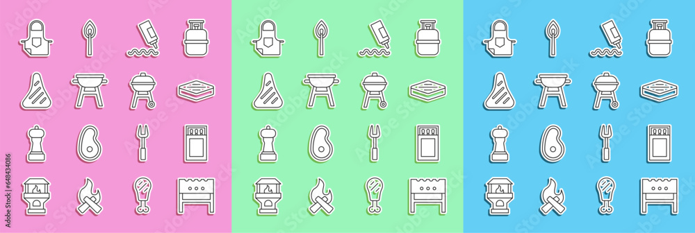 Set line BBQ brazier, Matchbox and matches, Steak meat, Sauce bottle, Barbecue grill, Kitchen apron and icon. Vector Set line BBQ brazier, Matchbox and matches, Steak meat, Sauce bottle, Barbecue grill, Kitchen apron and icon. Vector