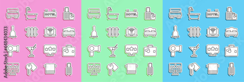 Set line Suitcase, Hotel room bed, Signboard with text, Heating radiator, service bell, and Wireless laptop icon. Vector