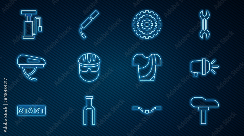 Set line Bicycle seat, head lamp, cassette, helmet, air pump, Cycling t-shirt and icon. Vector Set line Bicycle seat, head lamp, cassette, helmet, air pump, Cycling t-shirt and icon. Vector