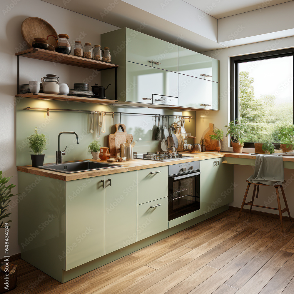 Cream and green kitchen cabinet modern urban 
 - obrazy, fototapety, plakaty 
