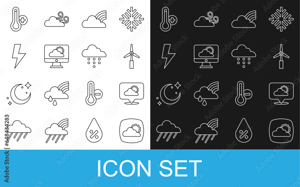 Set line Weather forecast, Location cloud, Wind turbine, Rainbow with clouds, Lightning bolt, Meteorology thermometer and Cloud rain icon. Vector