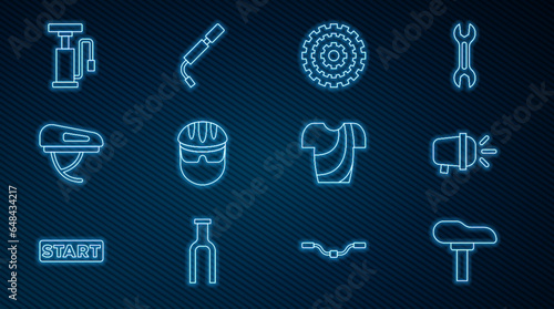 Set line Bicycle seat, head lamp, cassette, helmet, air pump, Cycling t-shirt and icon. Vector