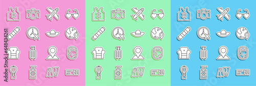 Set line Airline ticket, Airplane window, Location on the globe, Plane, Clock with airplane, Snowboard, Life jacket and Elegant women hat icon. Vector