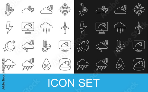 Set line Weather forecast  Location cloud  Wind turbine  Rainbow with clouds  Lightning bolt  Meteorology thermometer and Cloud rain icon. Vector