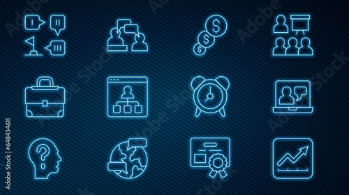Set line Financial growth increase, Online education, and dollar, Briefcase, Planning strategy, Alarm clock and Two sitting men talking icon. Vector
