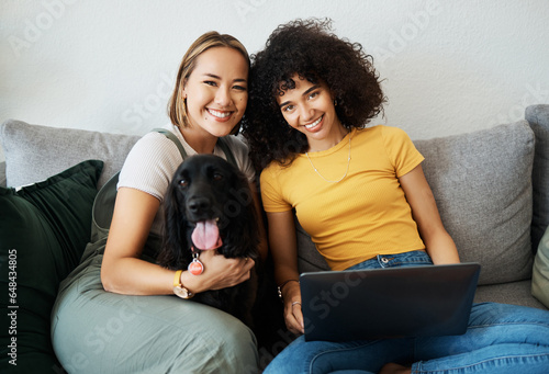 Lgbtq, women and couple with dog on sofa together in lounge of home with happiness for relax, support and wellness. Portrait, people and pet on couch in living room of apartment with smile and love