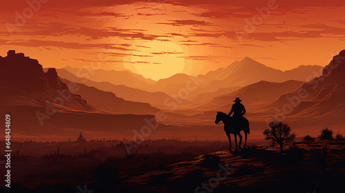 Western landscape with silhouette of a lonely cowboy