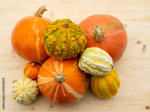 Many different colorful pumpkins on a light wood background. Halloween, harvest or fall concept. Small ornamental pumpkins