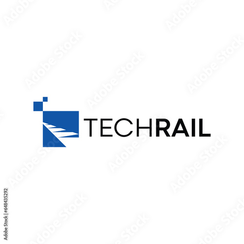 Technology logo with abstract rail design graphics and pixel symbols for brand identity