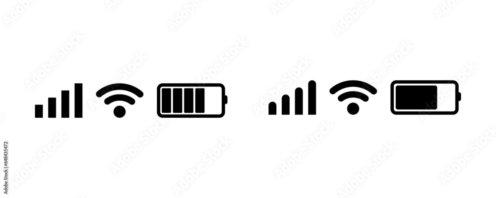 Vector set of phone signal, wifi and battery health status bar icon isolated on white background. Vector  illustration. - obrazy, fototapety, plakaty 