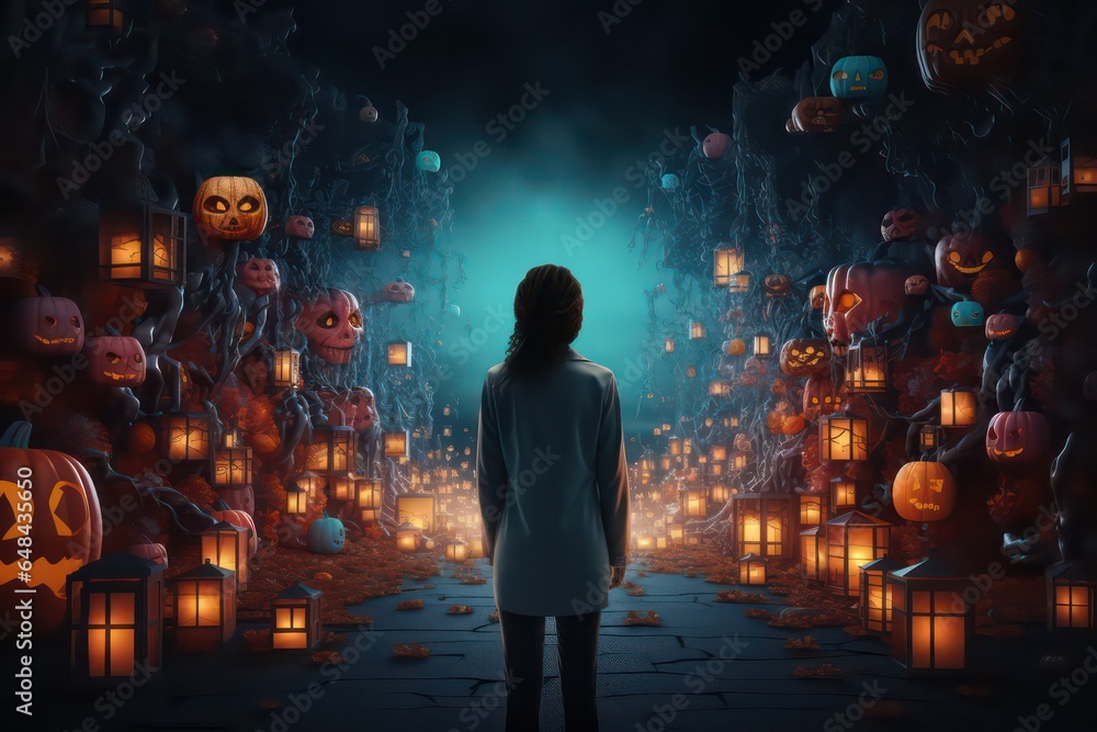 Young woman standing in front of scary halloween background with pumpkins. 