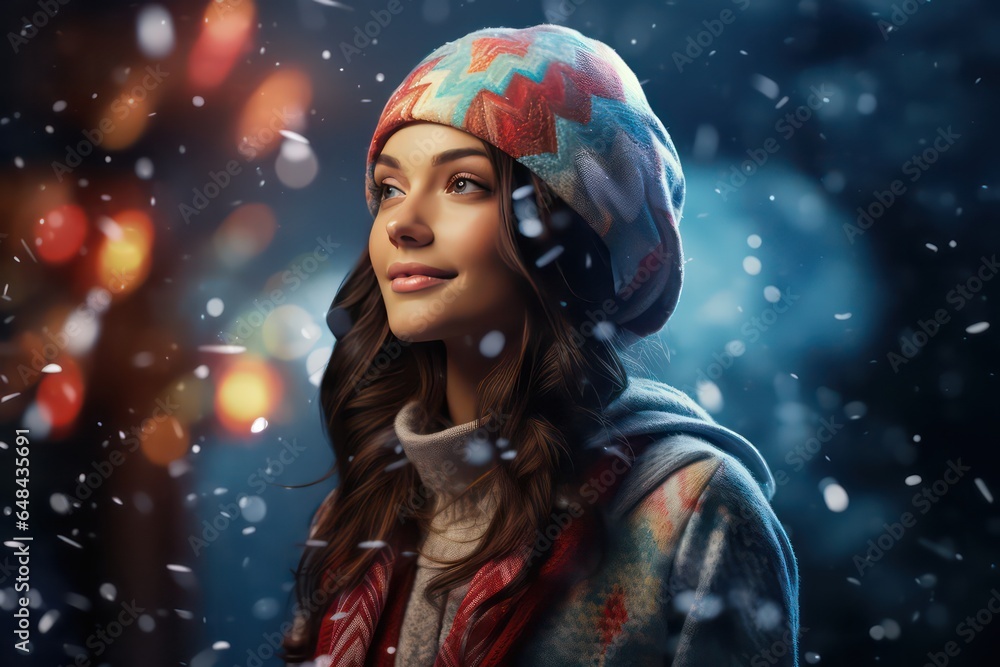 Woman with a scarf and hat in the snow on a bokeh background, Christmas concept: