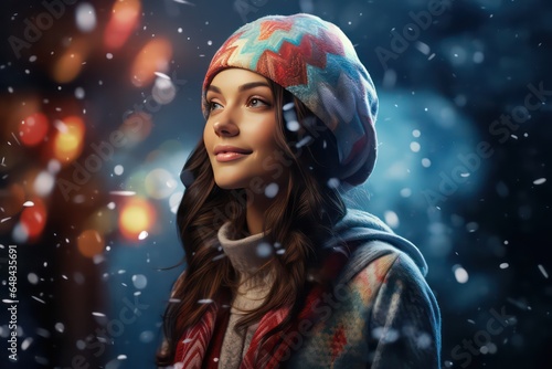 Woman with a scarf and hat in the snow on a bokeh background, Christmas concept: