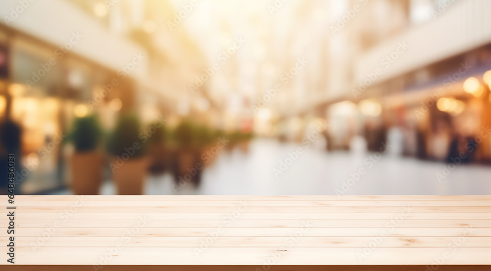 Empty wood table top on blur abstract of street shopping mall outdoor background, for montage product display Empty wood table top on blur abstract of street shopping mall outdoor background, for montage product display