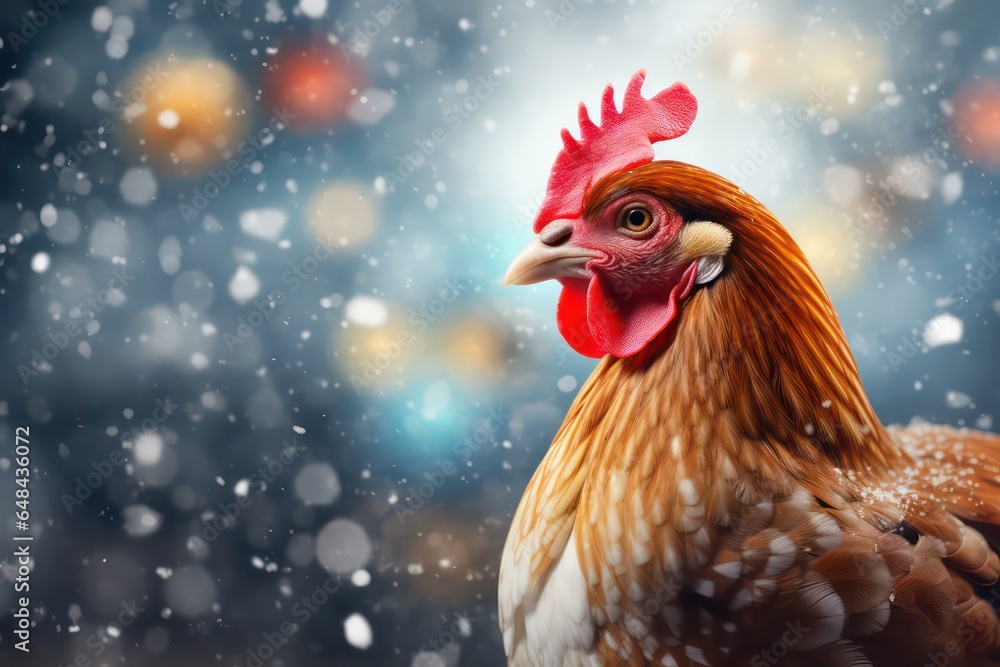 Chicken or rooster on a background of a bokeh christmas winter landscape with snowflakes