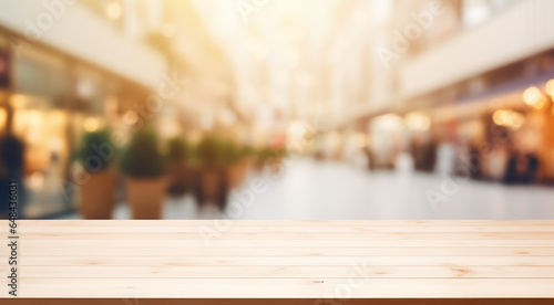 Empty wood table top on blur abstract of street shopping mall outdoor background, for montage product display