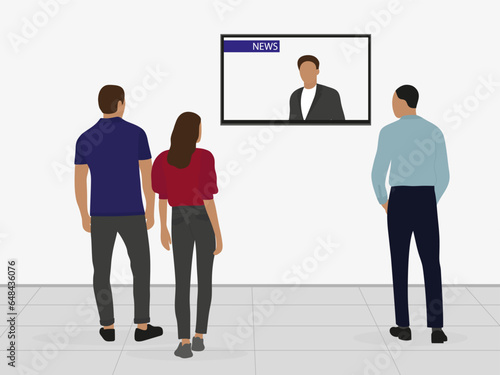Male characters and female character watching the news on TV hanging on the wall