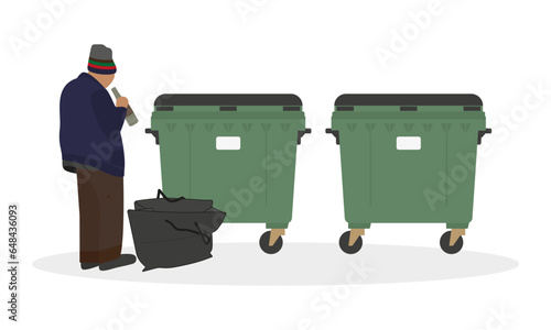 Homeless man with a bottle and a big bag standing next to the trash can on a white background