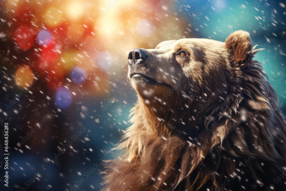 A brown bear on a bokeh background of Christmas lights, snowflakes or new year fireworks