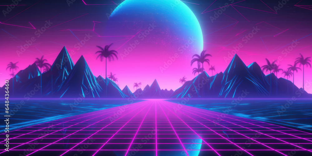 An 80s style background with blue, pink and purple neon colors and grid on the bottom.