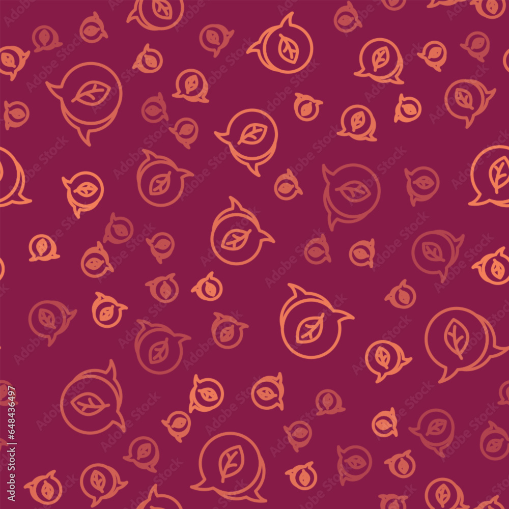 Brown line Leaf Eco symbol icon isolated seamless pattern on red background. Banner, label, tag, logo, sticker for eco green. Vector Brown line Leaf Eco symbol icon isolated seamless pattern on red background. Banner, label, tag, logo, sticker for eco green. Vector