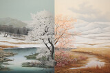 A split-screen composition showing a landscape divided into two seasons, such as a snowy winter scene on one side and a blooming spring scene on the other, aesthetic look