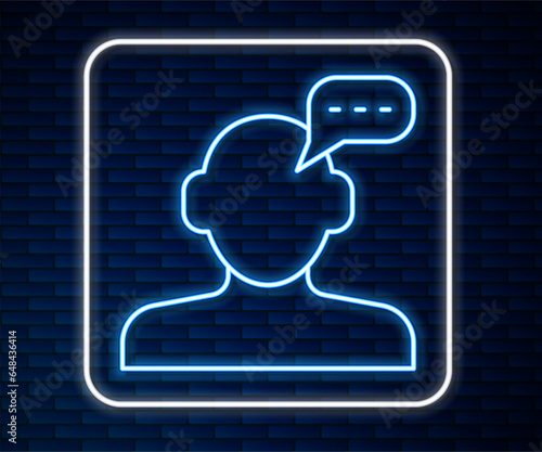 Glowing neon line Online psychological counseling distance icon isolated on brick wall background. Psychotherapy, psychological help, psychiatrist online consulting. Vector