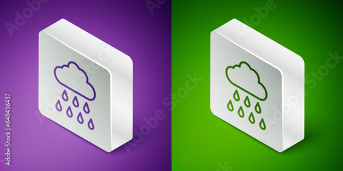 Isometric line Cloud with rain icon isolated on purple and green background. Rain cloud precipitation with rain drops. Silver square button. Vector