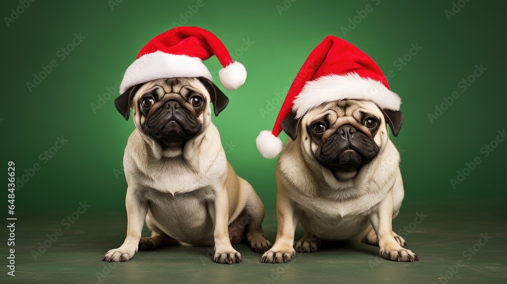 Couple of dogs wearing christmas hats