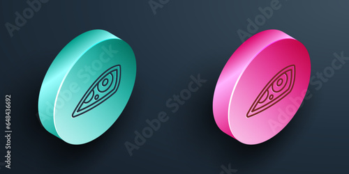 Isometric line Car headlight icon isolated on black background. Turquoise and pink circle button. Vector