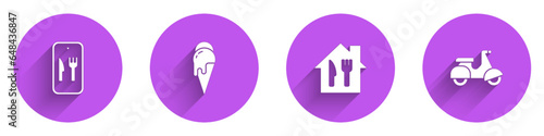 Set Online ordering and delivery, Ice cream, and Scooter icon with long shadow. Vector