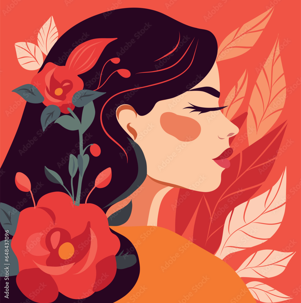 Vector cards and posters for the spring holiday. Happy Women's Day March 8th! Vector illustration. Girl with flowers, flowers in the hair of a beautiful woman. Beauty, spring freedom Vector cards and posters for the spring holiday. Happy Women's Day March 8th! Vector illustration. Girl with flowers, flowers in the hair of a beautiful woman. Beauty, spring freedom