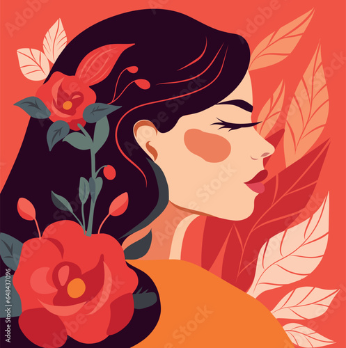 Vector cards and posters for the spring holiday. Happy Women's Day March 8th! Vector illustration. Girl with flowers, flowers in the hair of a beautiful woman. Beauty, spring freedom