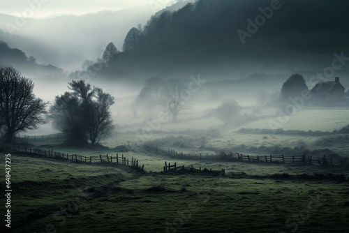 A mystical photograph of a dense fog rolling over a tranquil countryside  creating an otherworldly atmosphere  aesthetic look